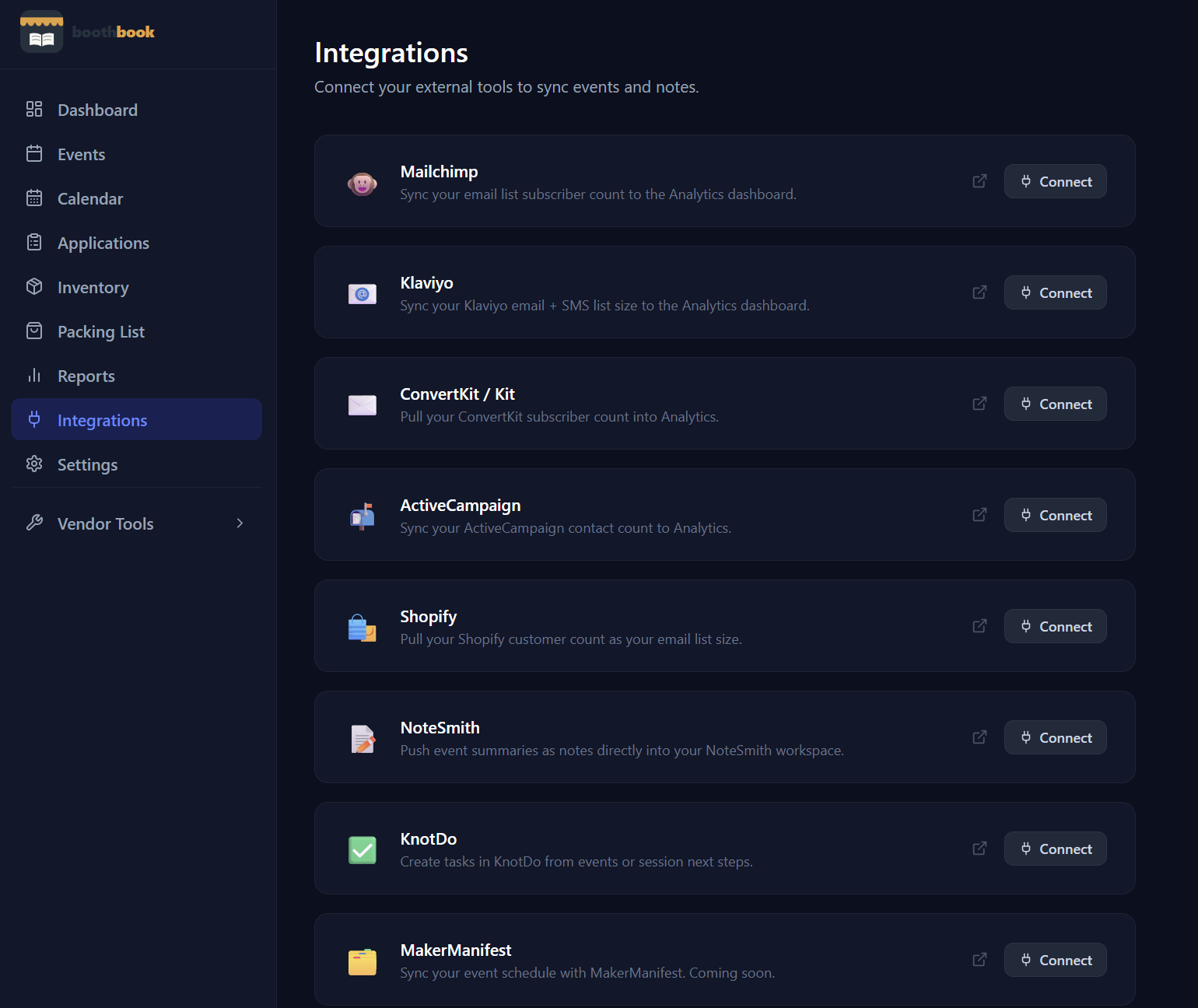 BoothBook integrations page